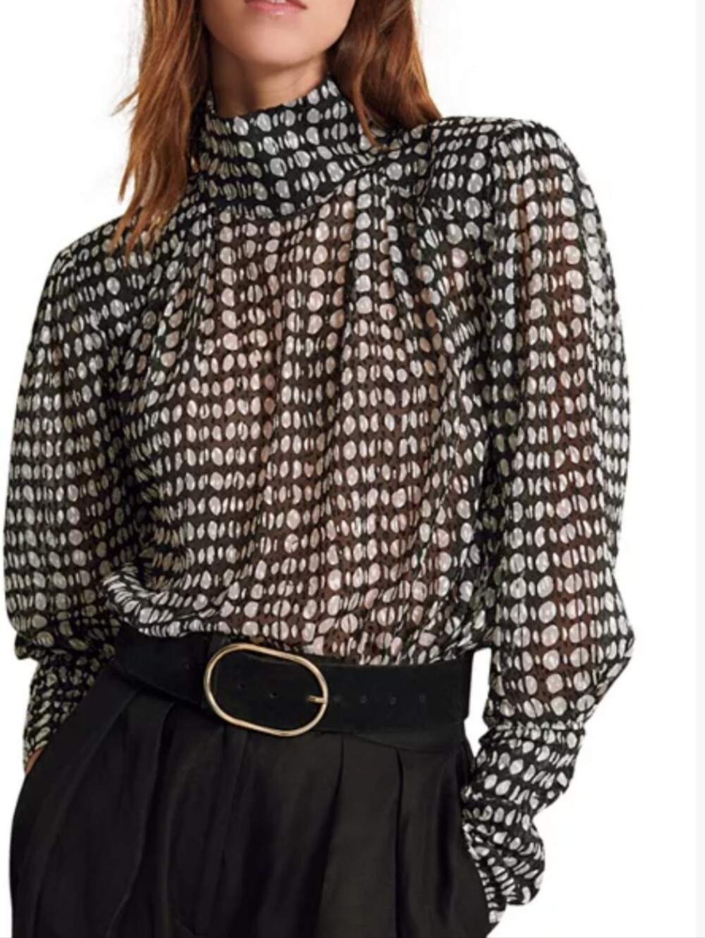 ba&sh Baldwin Printed V Back Blouse Size M Black White Sheer
